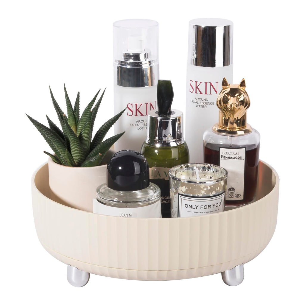 360 Rotating Makeup Perfume Organizer Skincare Tray, Small Ivory White