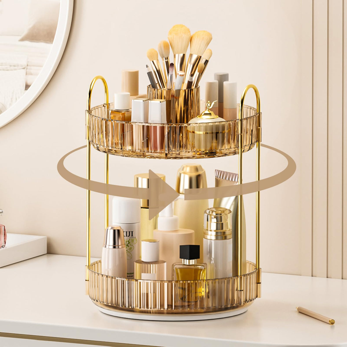 360° Rotating Makeup Organizer, Upgraded 3 Tier Skincare Perfume Organizers for Women, Bathroom Organizer Countertop, Clear Cosmetic Dresser Organizer with Makeup Brush Holder, Sink&Counter(Amber)