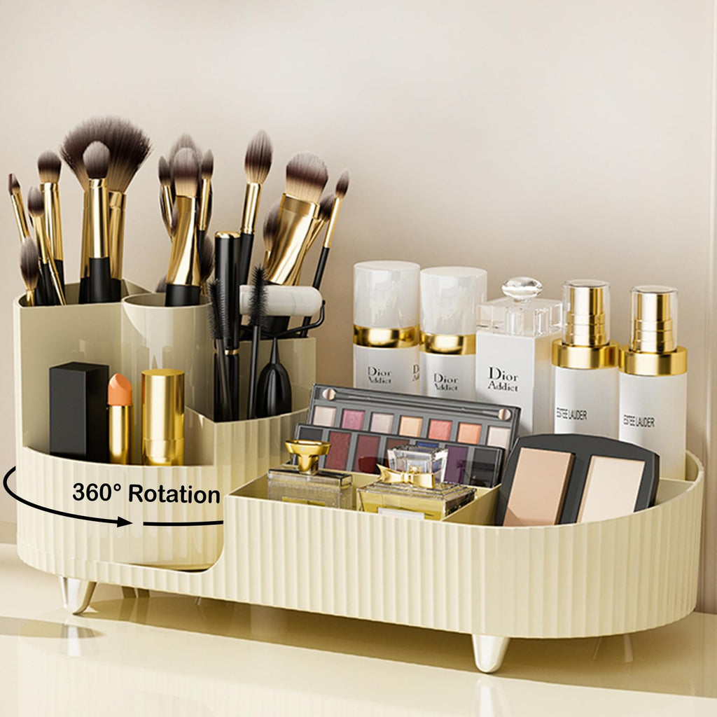 Rotating Makeup Organizer for Vanity with Brush Holder and Drawer, Cosmetic Makeup Storage, Large Spinning Makeup Skincare Organizer, Countertop Makeup Perfume Organizer, Lotions Display Case (Green)