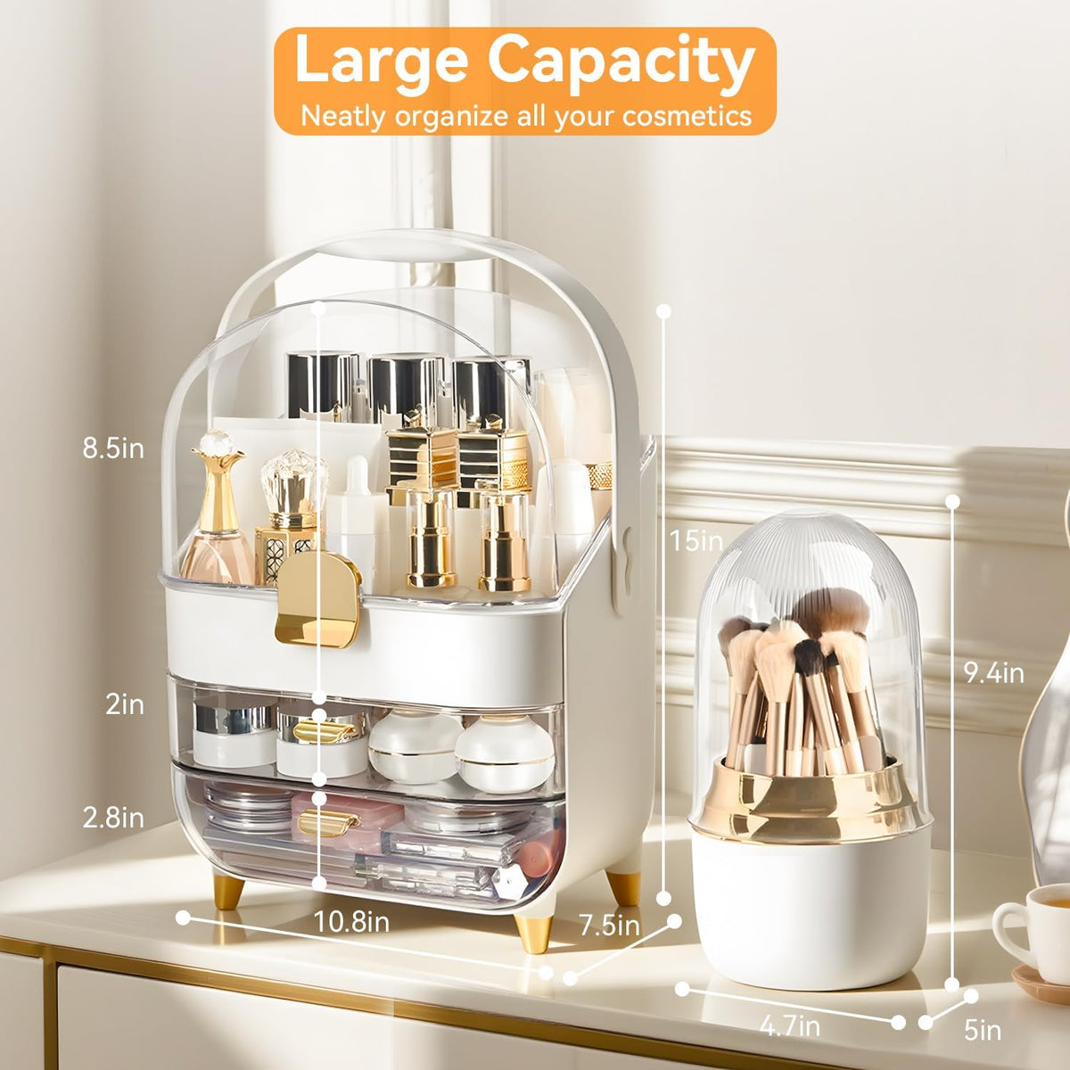 Makeup Organizer for Vanity with Brush Holder, Lid and 2 Drawers, Rose Gold