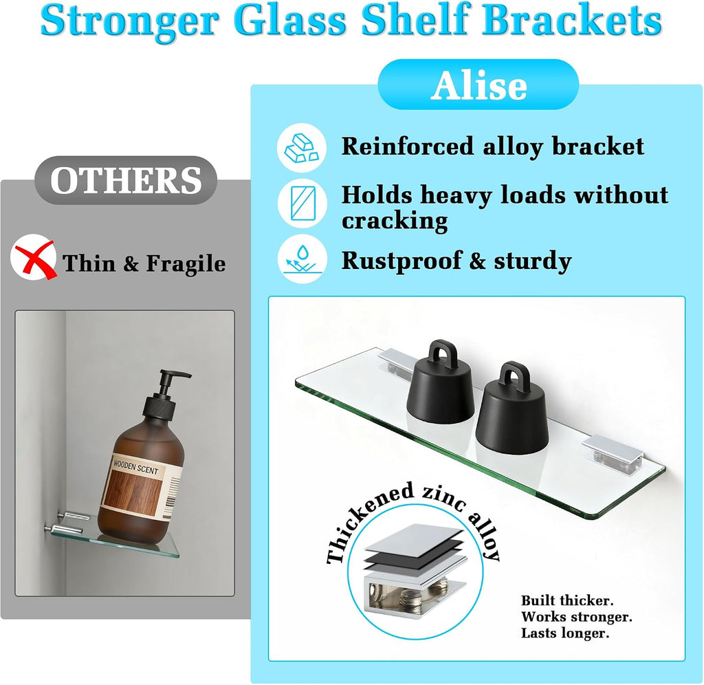 Alise Glass Shelves for Bathroom,15 Inch Wall Mounted Floating Shelf,Chrome