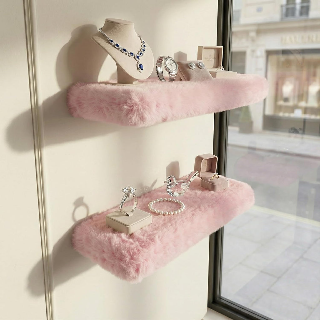 Furry Floating Shelves for Wall,2 Pack Wood Shelf with Plush Soft Shag Cover, Wall Mounted Shelves for Bedroom, Living Room, Suitable for Storing Valuable Collectibles, High Heels, Bags, Jewelry, Pink