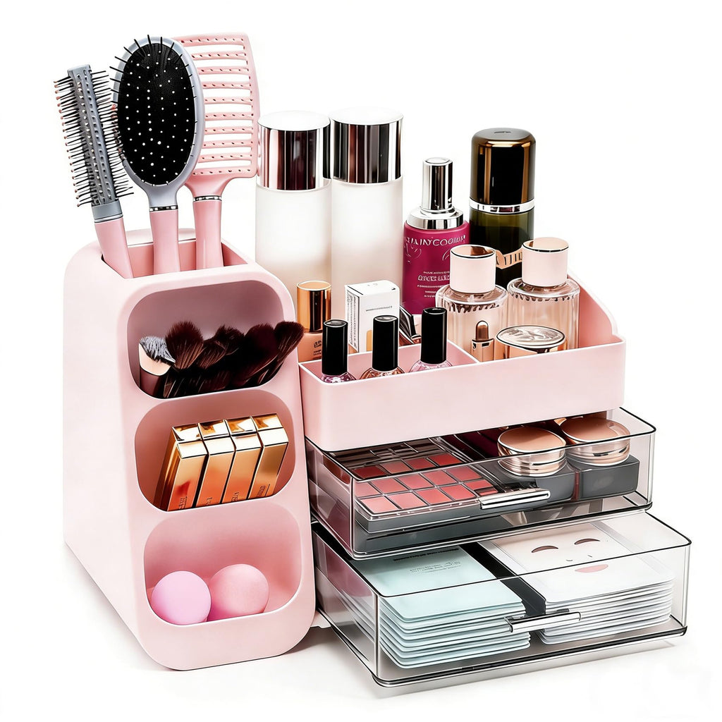 Makeup Organizer Countertop, Spacious Cosmetic Display Case with Makeup Brush Holder, Perfect Vanity Bathroom Organizer and Storage, White