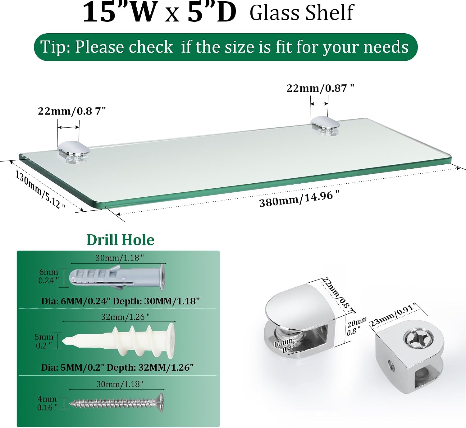SAYAYO Floating Glass Shelves for Bathroom, Tempered Glass Shelf for Wall 15 x 5 Inch 2 Pack, Clear