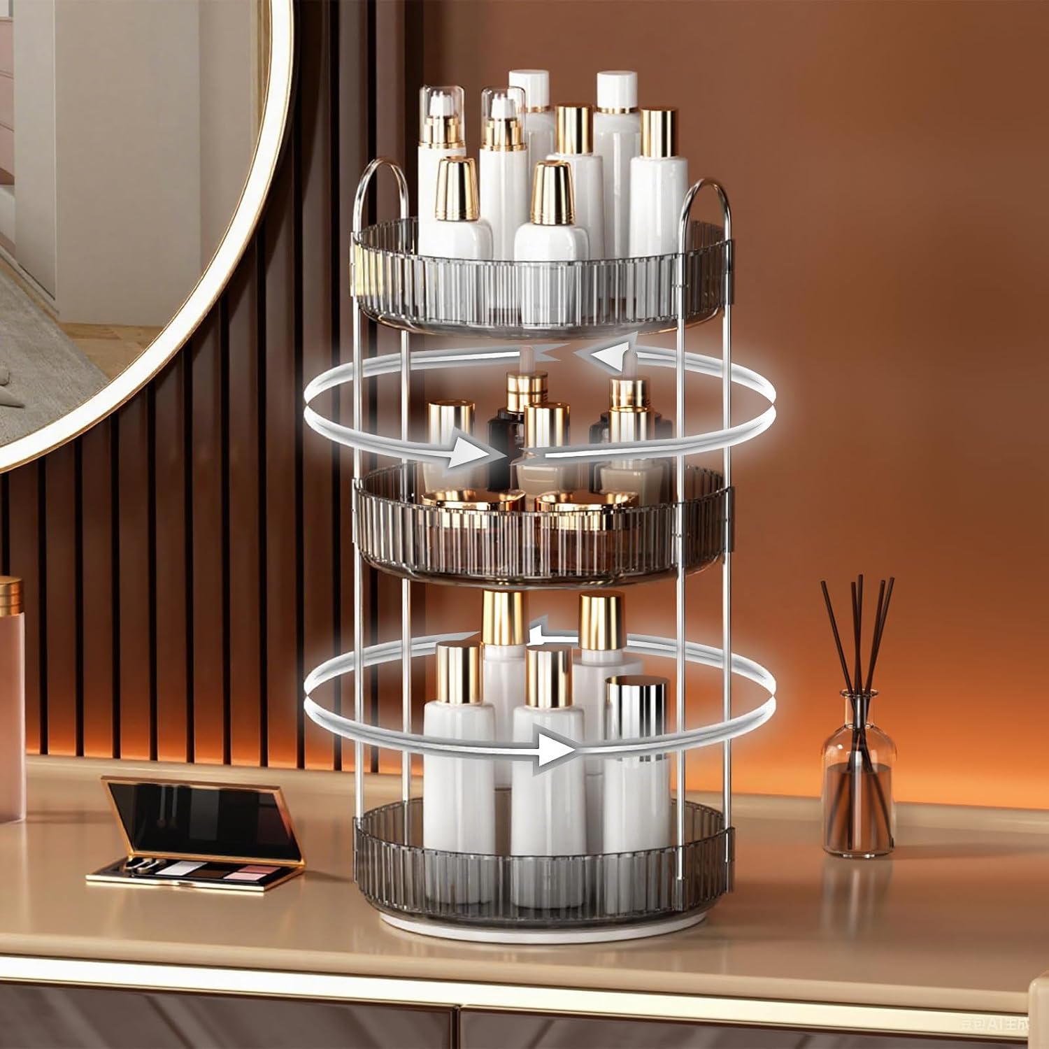YCIA&DONE 360 Rotating Makeup Organizer and Storage for Vanity Countertop 3 Tiers, High Capacity Cosmetic Skincare Perfume Organizers for Dresser Bathroom Lazy Susan (Smoky Gray)