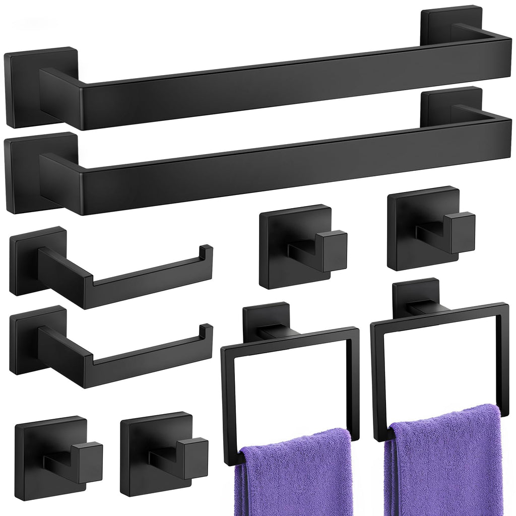 Bathroom Hardware Accessories Set: Bath Towel Bar Set, Towel Racks for Bathroom Wall Mounted, SUS304 Stainless Steel (Matte Black, 12-Pieces)