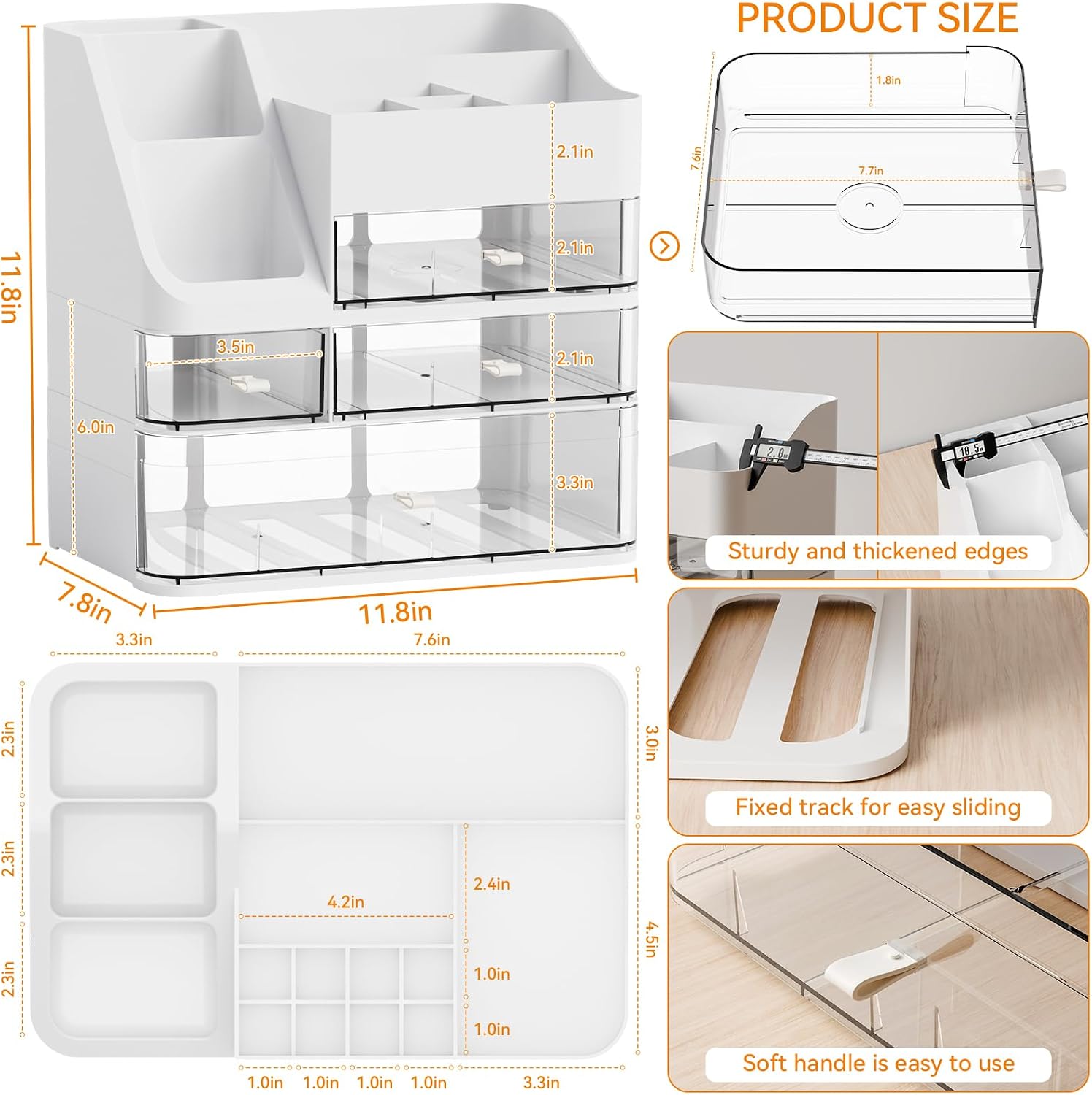 Yieach White Makeup Organizer Countertop With 4 Drawers,Large Cosmetics Storage Organizer for Brush,Hair Products,Plastic Makeup Holders and Beauty Skincare Organizers for Bathroom,Vanity,Dresser Top