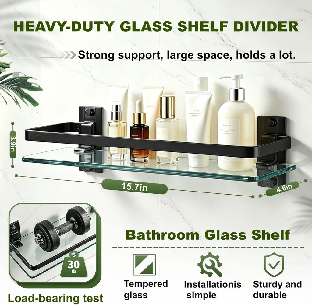 Bathroom Glass Shelf 15.7" Black Wall-Mounted, Floating Metal Storage Rack