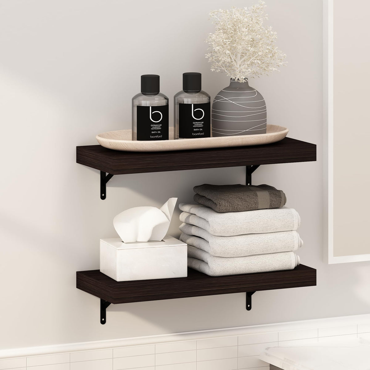 Furinno Tanna Floating Shelves for Wall Set of 2, 15-Inch Bathroom Wall Shelf, Wall Mounted Shelf, for Bathroom Organizers and Storage, Living Room, White Texture