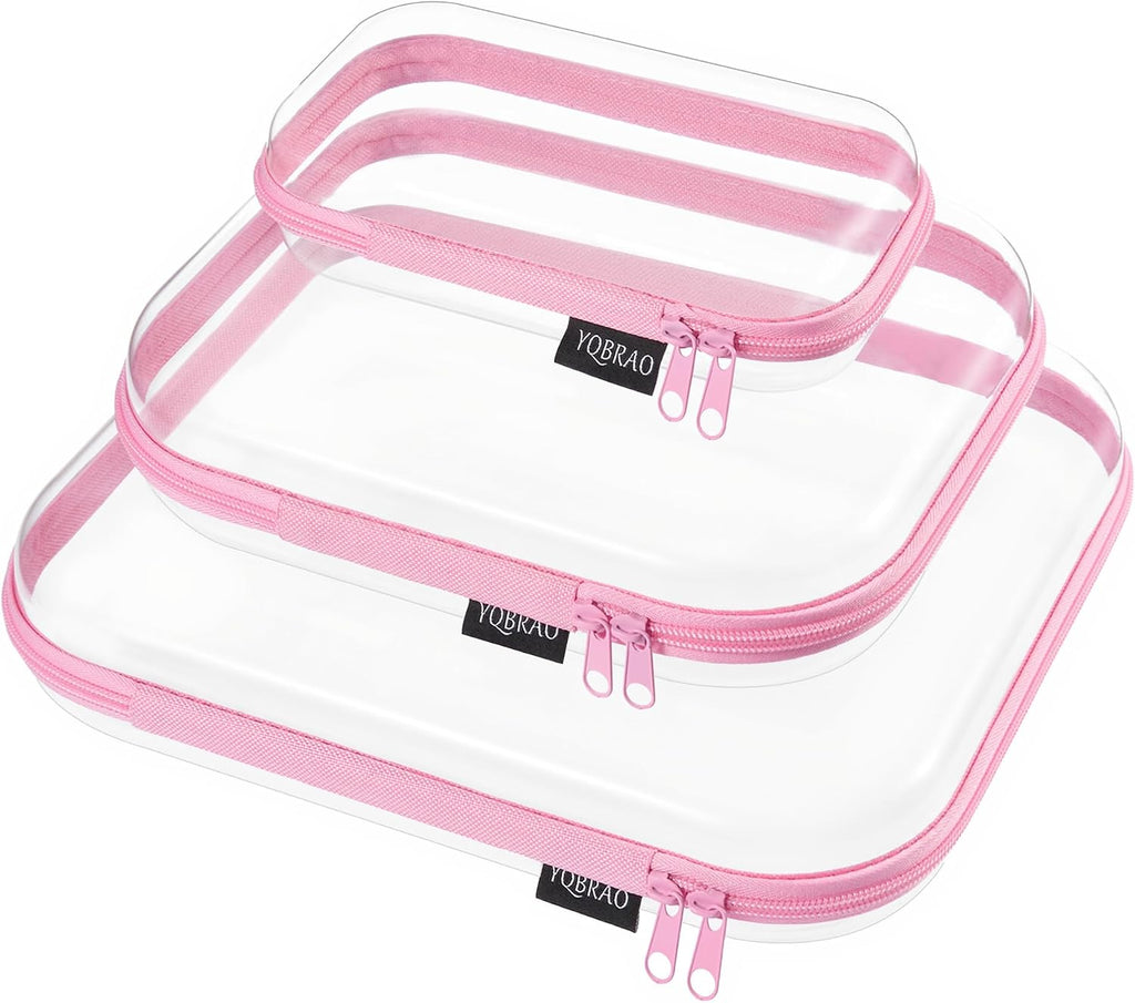YQBRAO 3-Piece Clear Hard Shell Zipper Case Set, 1L 1M 1S, Pink