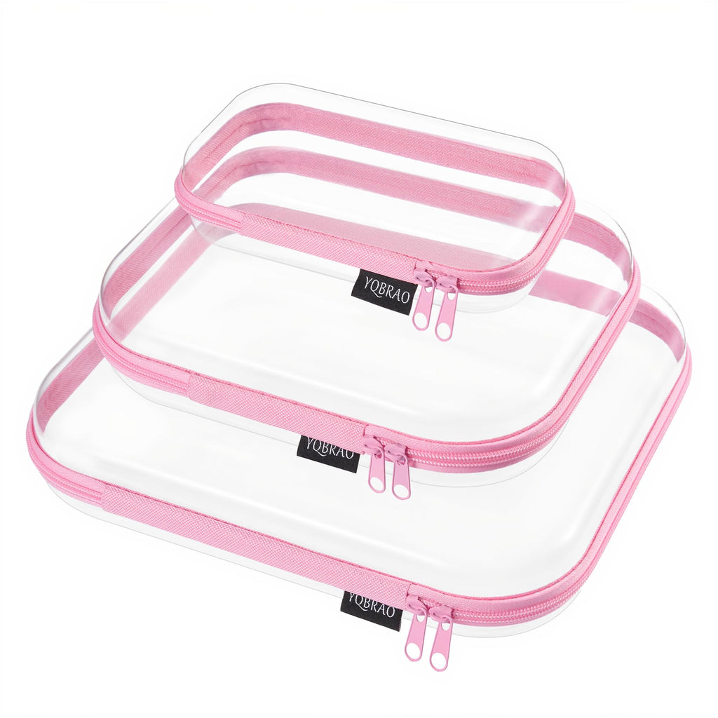 YQBRAO 3-Piece Clear Hard Shell Zipper Case Set, 1L 1M 1S, Pink