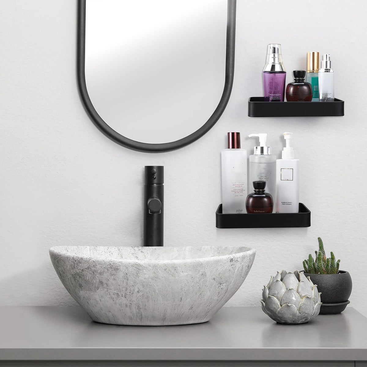 Z metnal Small Glass Bathroom Shelves, Matte Black Floating Shelf, Mini Wall Shelf Organizer, Wall Mounted (Dark Glass, 8 inch/20cm)