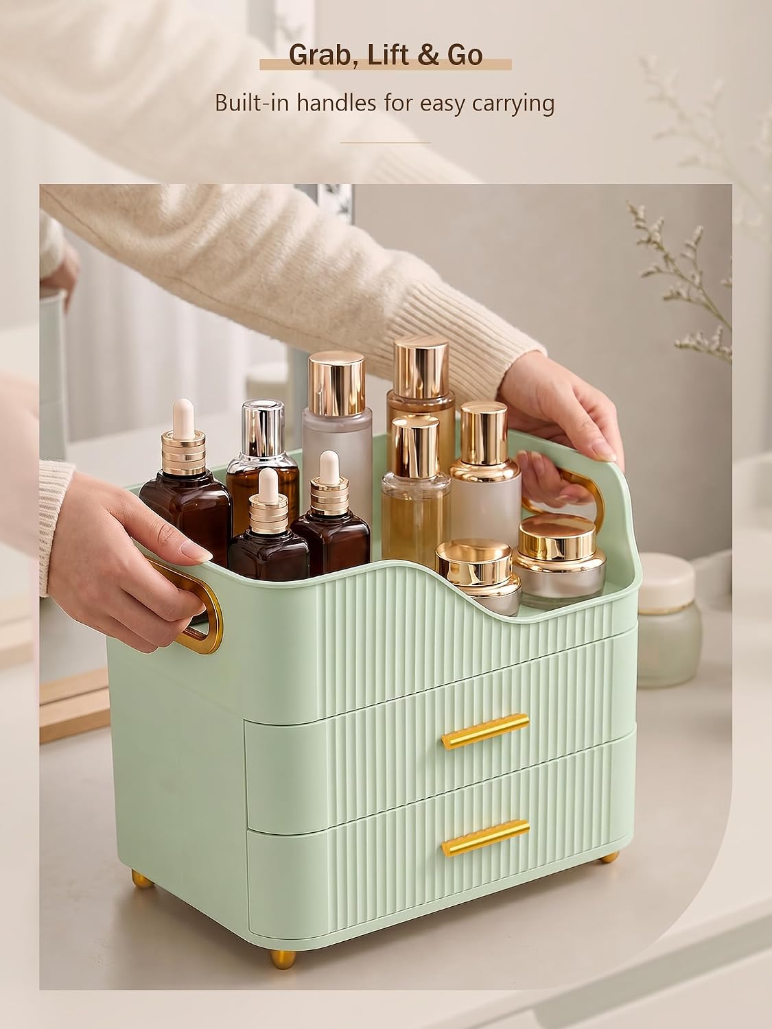 Booklov Large Makeup Organizer for Vanity, Bathroom Countertop, Green