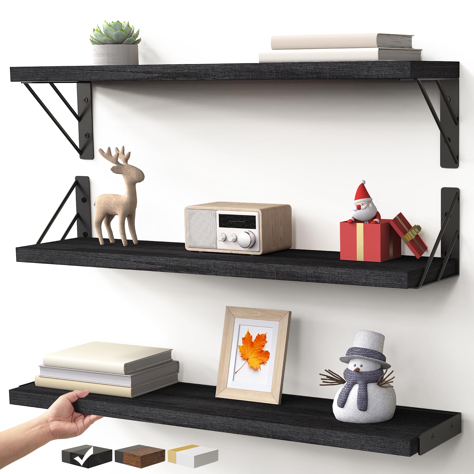 Bayka Wall Shelves for Bedroom Decor, Floating Wall Shelves for Living Room Kitchen Storage, Wall Mounted Rustic Wood Shelves for Kids Books, Small Shelf for Bathroom(Rustic Brown，Set of 3)
