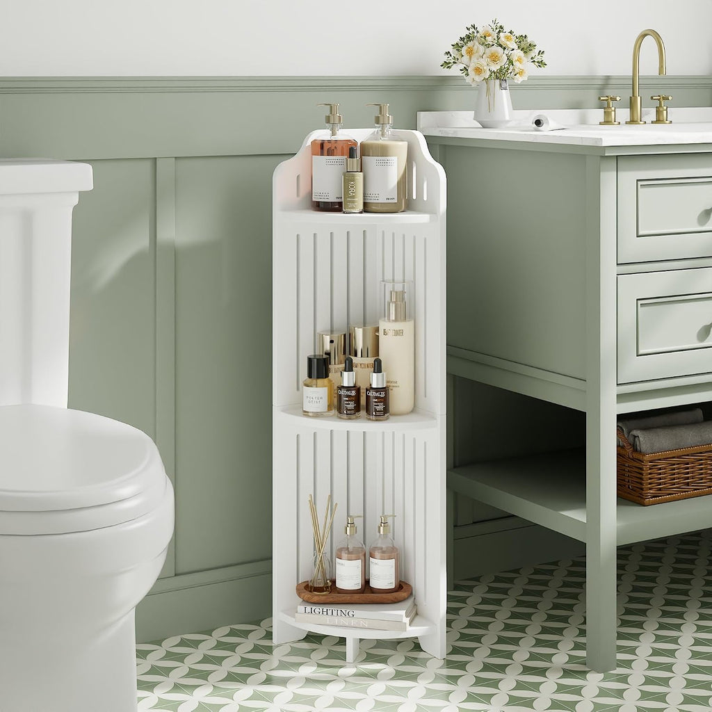 VECELO 3-Tier Bathroom Corner Shelf, Freestanding Triangle Storage Rack, Waterproof Corner Organizer, White Vertical Corner Shelving Unit for Bathroom Toilet Small Space,White