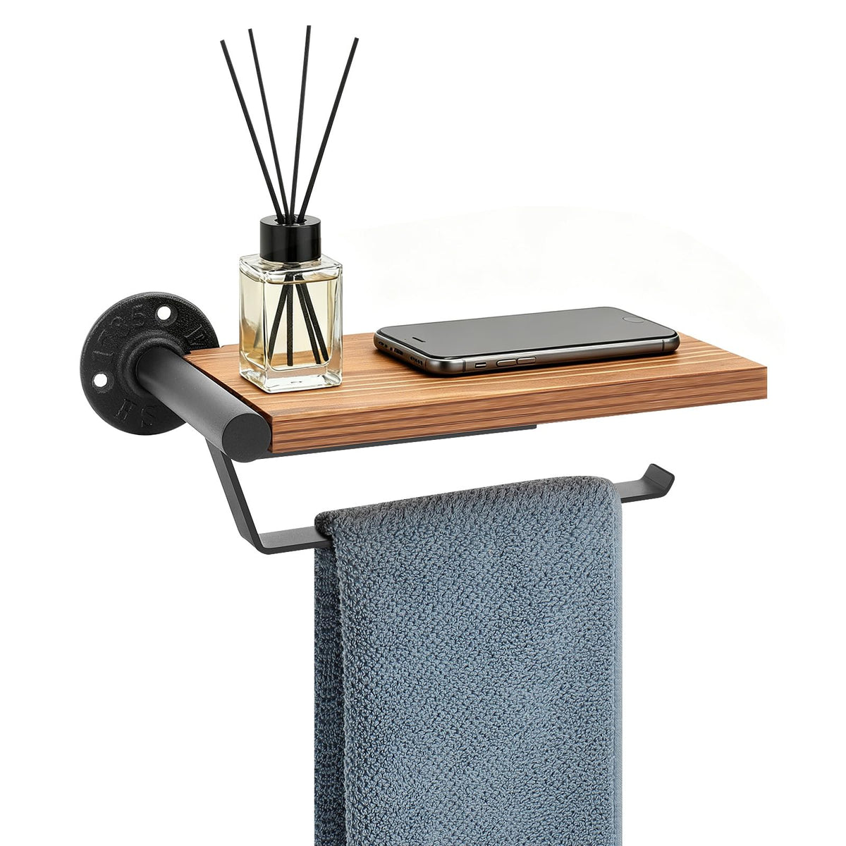 Hand Towel Holder/Towel Ring with Wooden Shelf, Hand Towel Rack, Hand Towel Hanger for Bathroom, Bath Accessories Wall Mounted, (Matte Black, 9"-Squ Shaped)