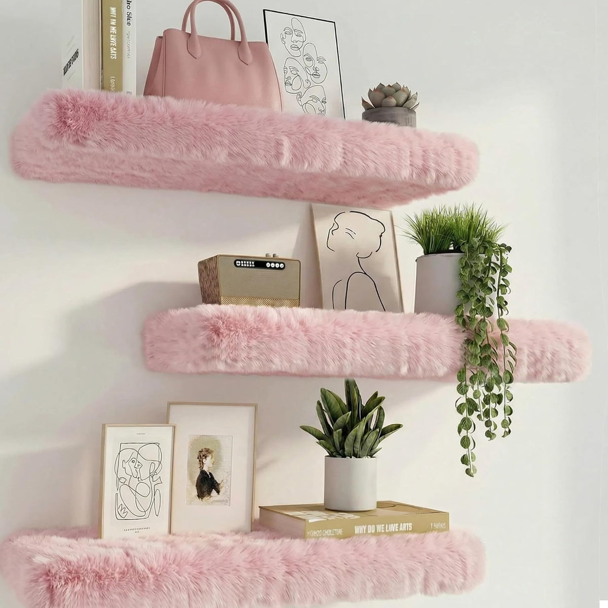 Furry Floating Shelves for Wall,2 Pack Wood Shelf with Plush Soft Shag Cover, Wall Mounted Shelves for Bedroom, Living Room, Suitable for Storing Valuable Collectibles, High Heels, Bags, Jewelry, Pink