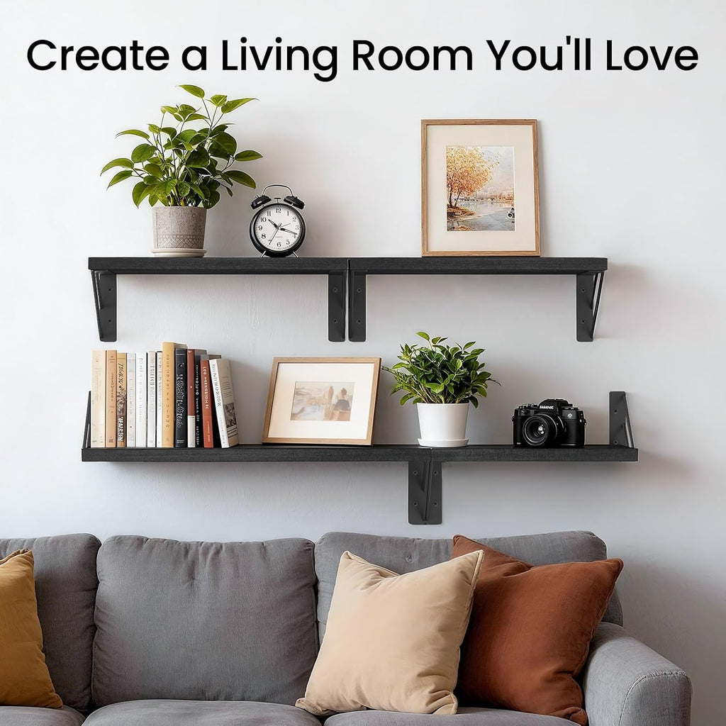 BAYKA Wall Mounted Floating Shelves, Wood Floating Wall Shelf for Books & Decor, Small Space-Saving Display & Organizer（Black，Set of 4）