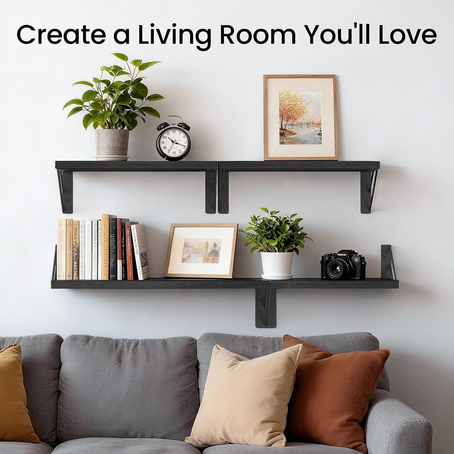 BAYKA Wall Mounted Floating Shelves, Wood Floating Wall Shelf for Books & Decor, Small Space-Saving Display & Organizer（Black，Set of 4）