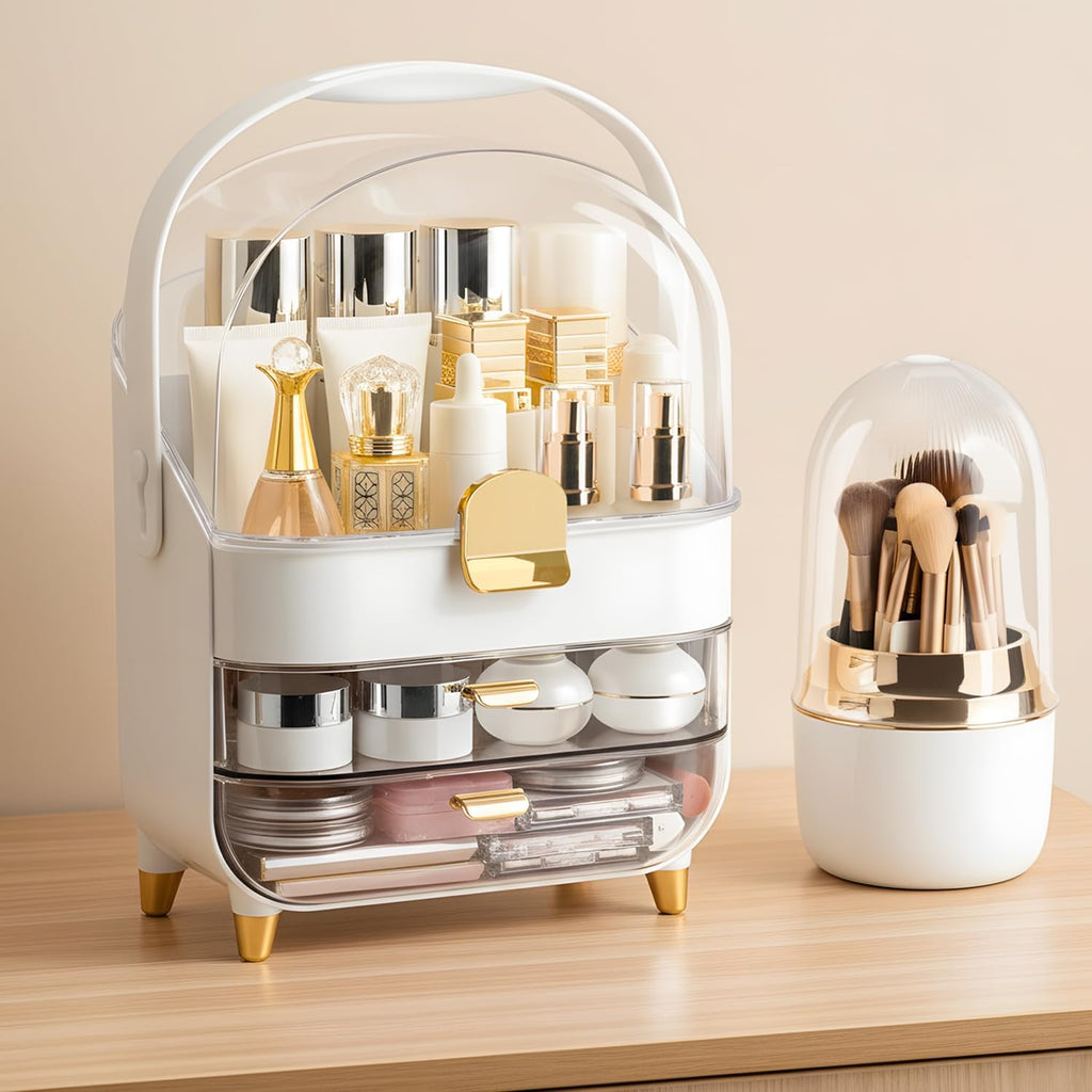 Makeup Organizer for Vanity with Brush Holder, Lid and 2 Drawers, Rose Gold