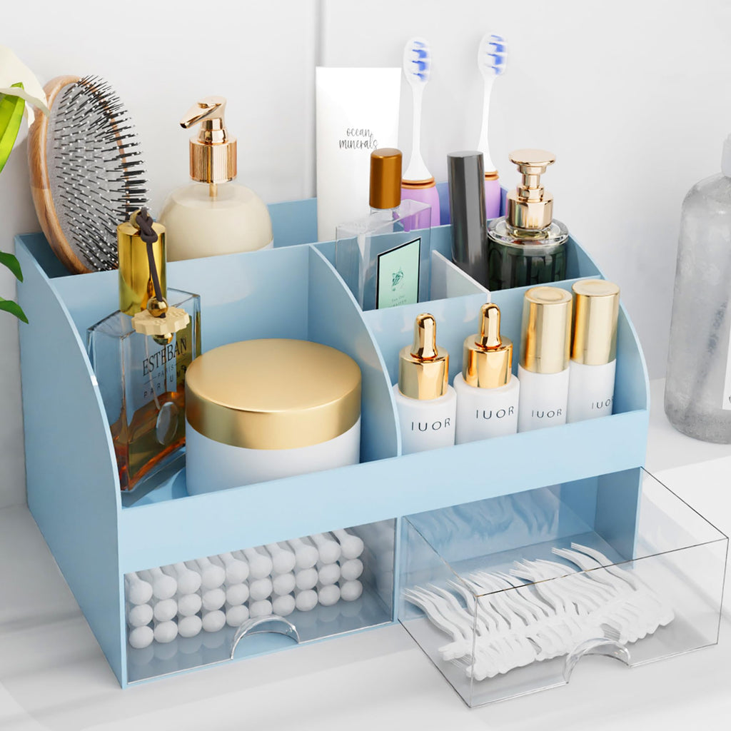 Makeup Organizer with Drawers, Cosmetic Storage for Dresser Vanity and Bathroom Countertop, Beauty Holder for Lipstick Brush, Skincare Organizer for Vanity, Cosmetic Display Case (Black-2Pack)