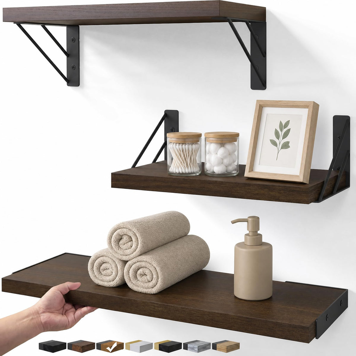 BAYKA Floating Shelves for Wall, Book Shelf for Bedroom, Decor Shelves for Living Room Kitchen, Mounted Wood Floating Shelf for Home Decor, Corner Shelf for Bathroom, Office(Dark Brown,Set of 4)