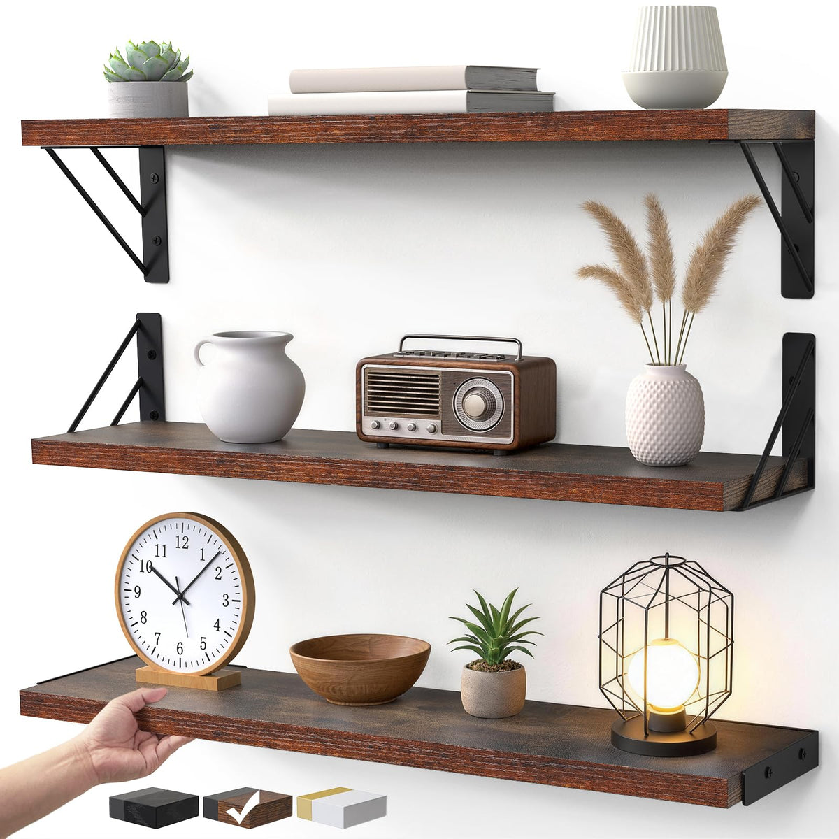 BAYKA Wall Mounted Floating Shelves, Wood Floating Wall Shelf for Books & Decor, Small Space-Saving Display & Organizer（Black，Set of 4）