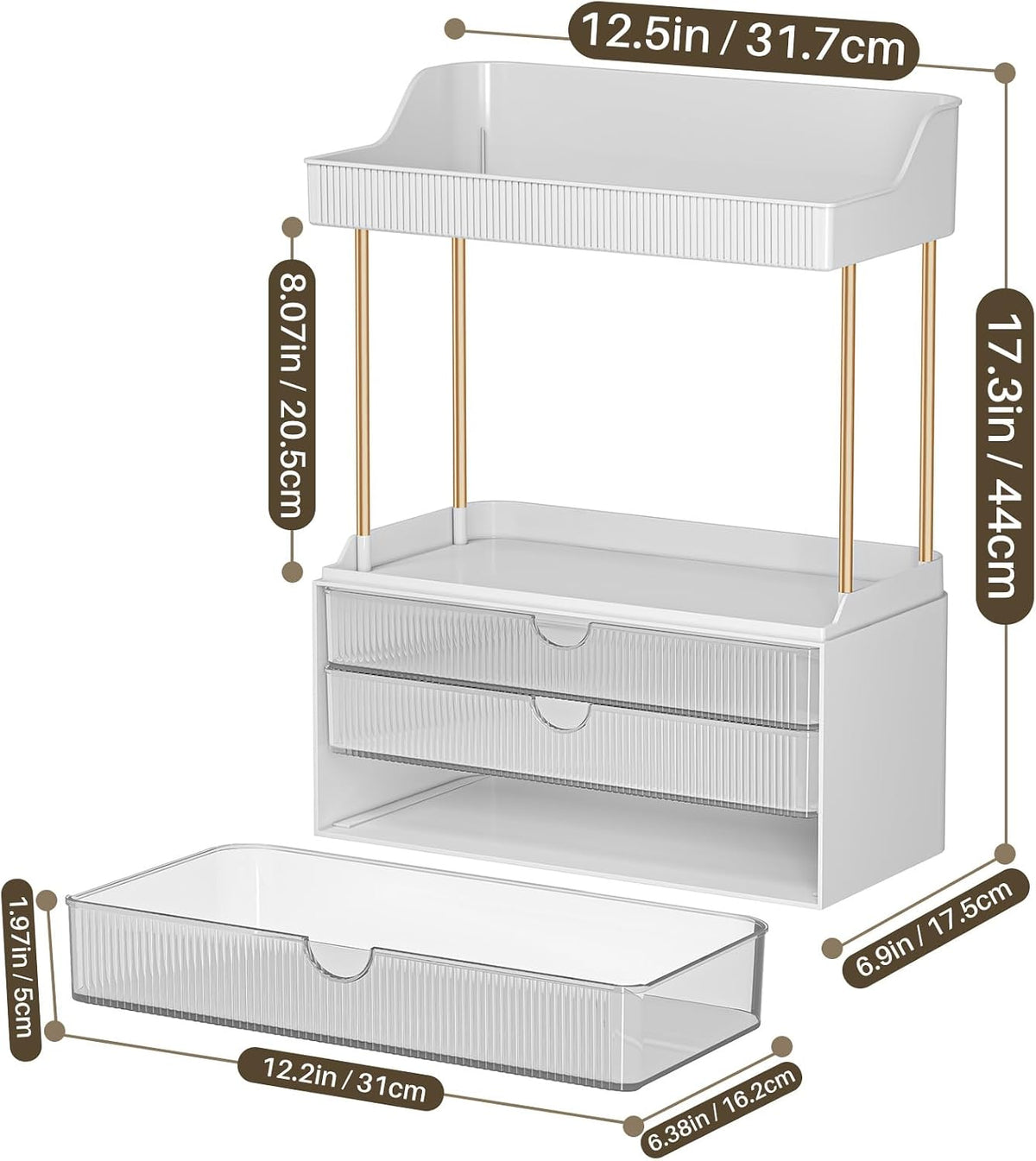 caktraie 3-Drawer 2-Tier Acrylic Makeup & Bathroom Vanity Organizer