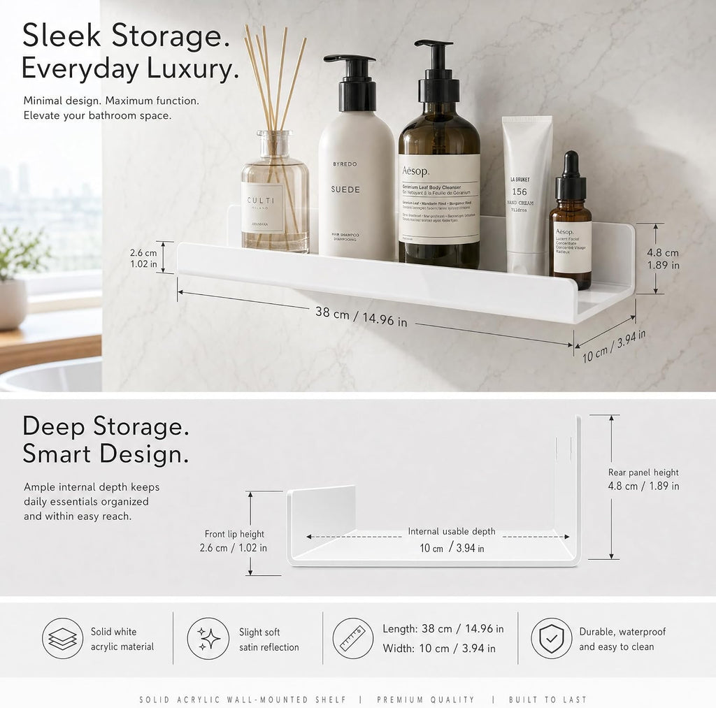 White Acrylic Bathroom Shelf Wall Mounted Floating Organizer with Front Lip