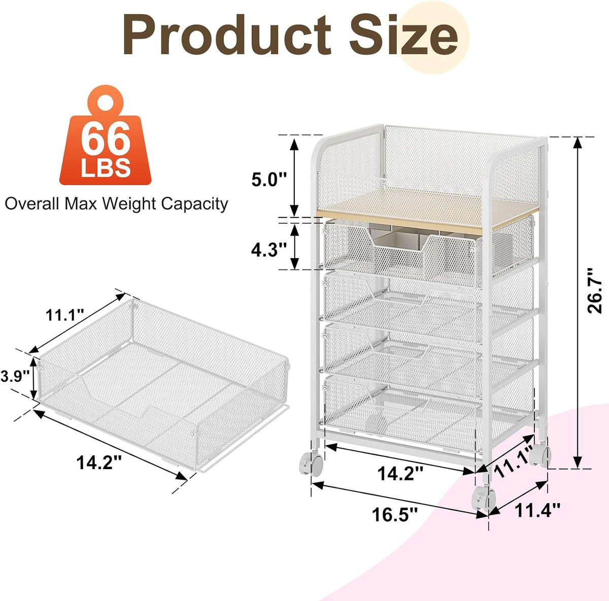 Hongtamoya Makeup Cart Organizer with 4 Drawers, Rolling Makeup Cart, White
