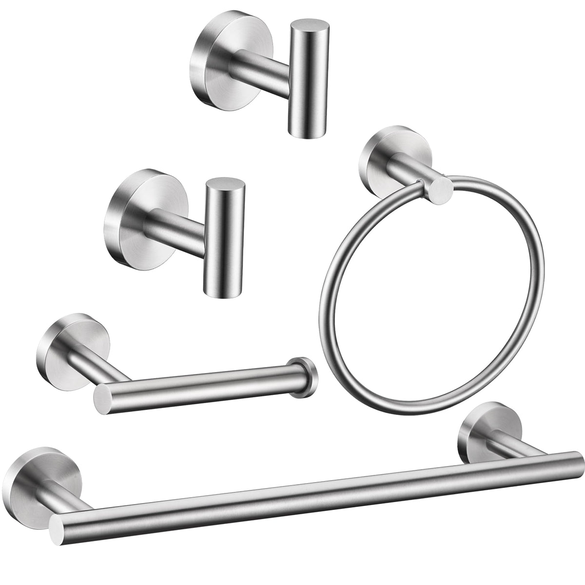 6 Pieces Brushed Nickel Bathroom Hardware Accessories Set Hand Towel Ring 16&23.6 inch Round Towel Bar Silver Toilet Paper Holder Towel Hooks 2 Pieces SUS 304 Stainless Steel,Heavy Duty,Wall Mounted