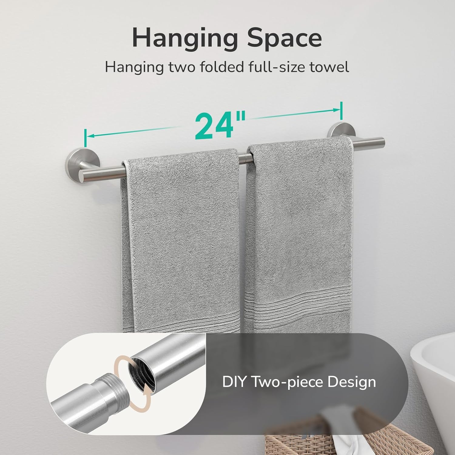 USHOWER Brushed Nickel Towel Bar, 24-Inch Towel Racks for Bathroom