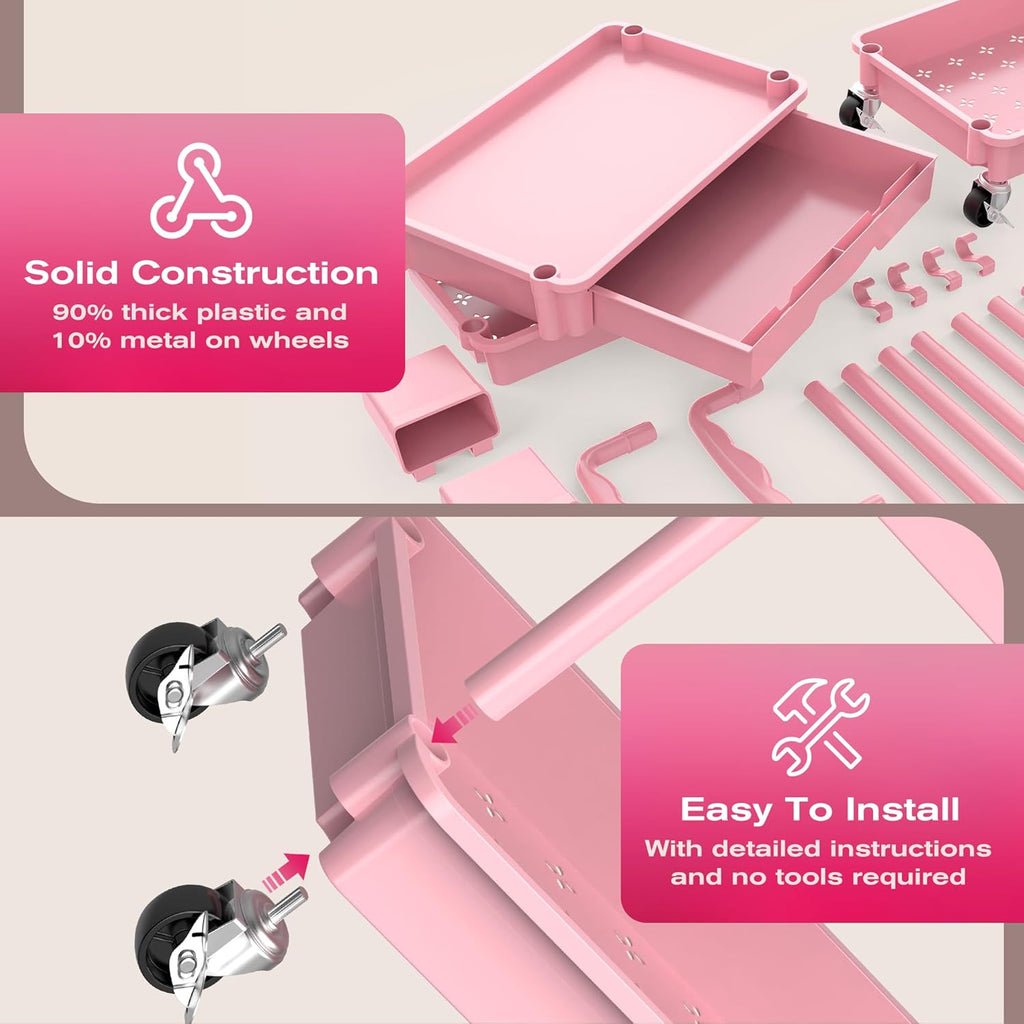 Goovilla Rolling Makeup Organizer Cart with Removable Drawer, 3 Tier Pink
