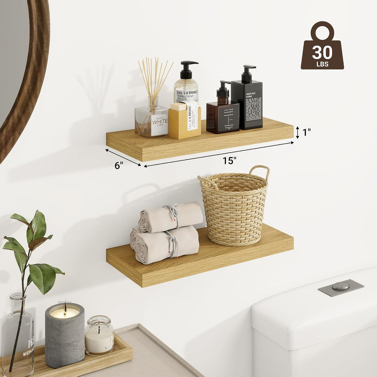 Venusmiles Bathroom Floating Shelves for Wall, 15" Wall Mounted Shelves with Invisible Brackets, 4 Small Wood Floating Wall Shelf Shelves for Living Room, Bedroom, Kitchen, Bathroom (Oak)