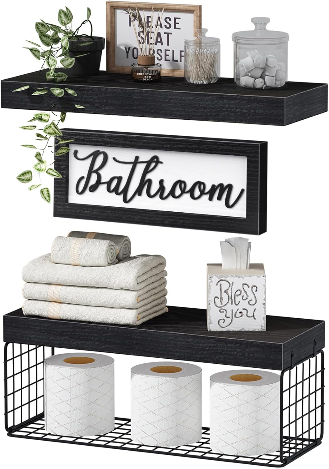 QEEIG ‎Bathroom Shelves with Decor Sign (Black, 15.7")