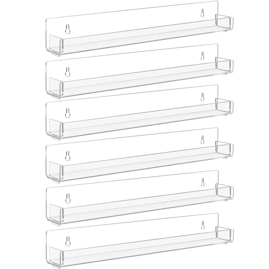 6 Pack Clear Nail Polish Rack Wall Mounted,15 inch Invisible Acrylic Floating Bookshelf,Small Toy Storage Wall Shelf Modern Picture Ledge Vinyl Record Display Shelf Holder