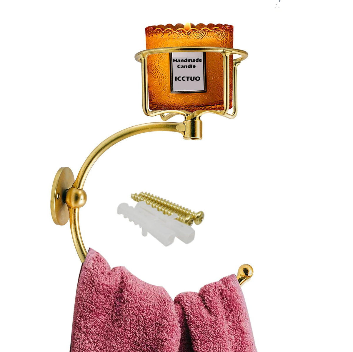 Hand Towel Holder with Vintage Candle Holder for Wall, Towel Hook for Bathroom Wall, Rustic Towel Ring with Elegent Candle Holder, Sturdy Wall Mounted Hanger for Bathroom