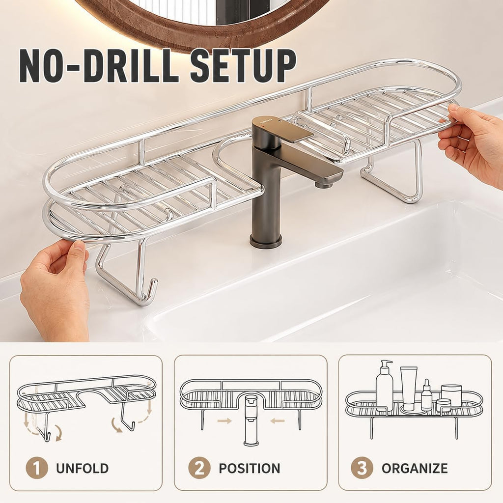 Foldable Stainless Steel Sink Shelf, No-Drill Over The Sink Shelf