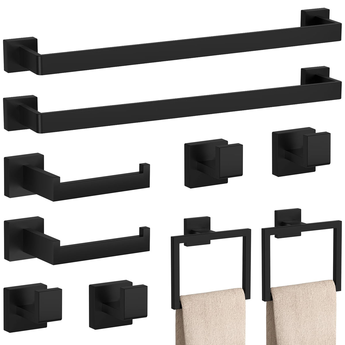 10-Pieces Matte Black Bathroom Accessories Set 23.6 Inch Towel Bar Set.