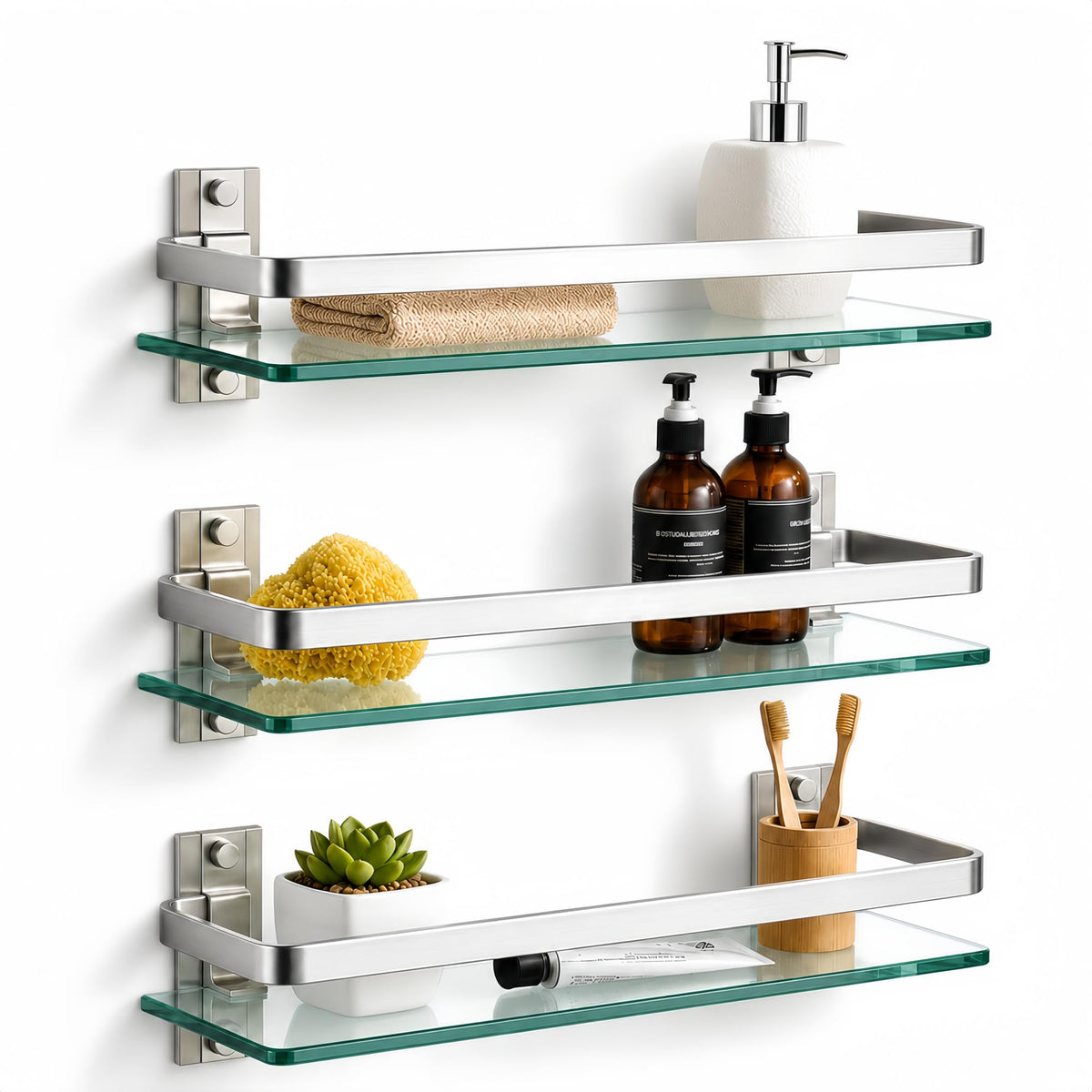 Bathroom Glass Shelf 15.7" Black Wall-Mounted, Floating Metal Storage Rack