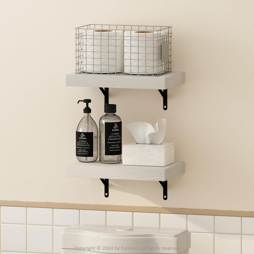 Furinno Tanna Floating Shelves for Wall Set of 2, 15-Inch Bathroom Wall Shelf, Wall Mounted Shelf, for Bathroom Organizers and Storage, Living Room, White Texture