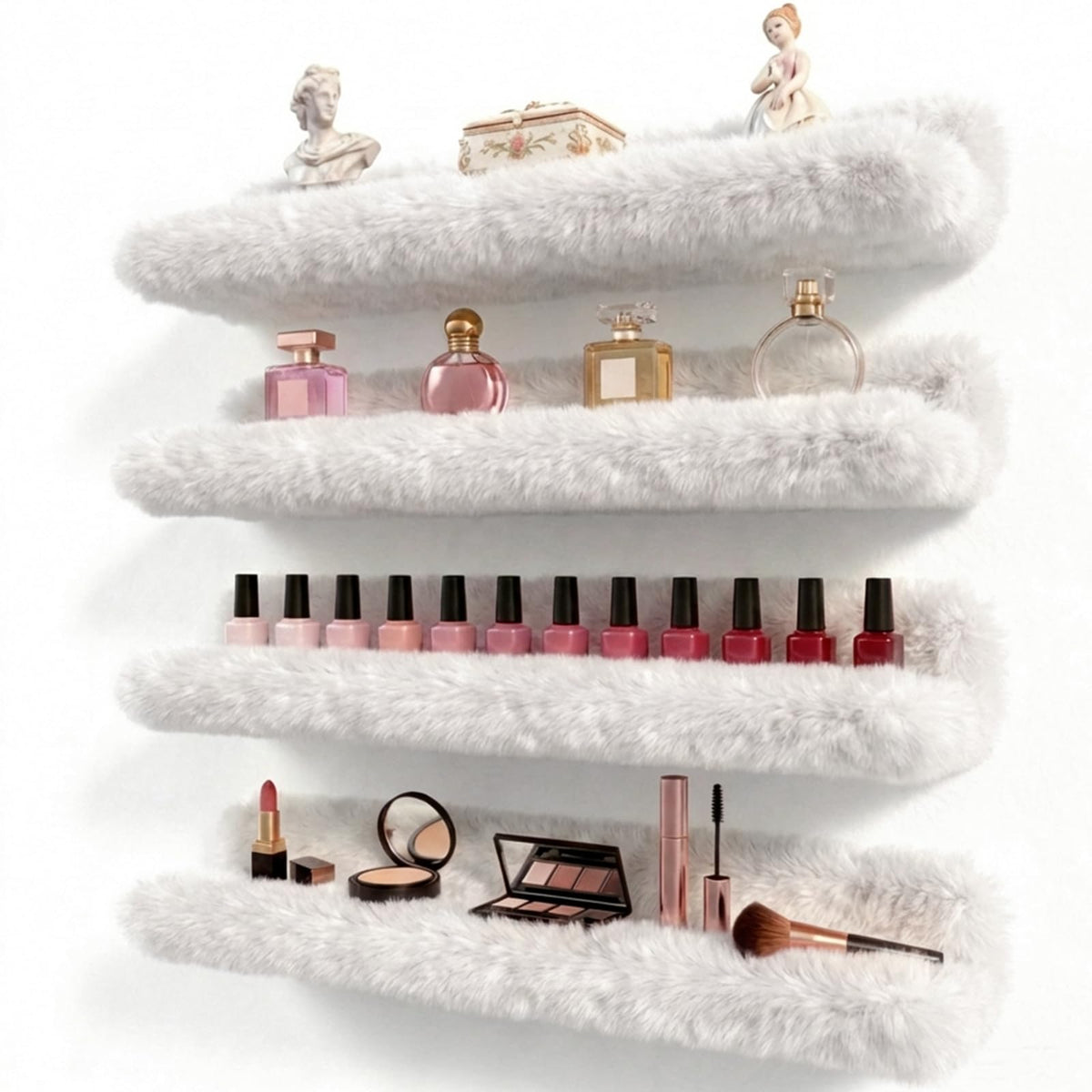 Care&More YJ 15 Inch Nail Polish Shelves, 4-Pack Fuzzy Display Nail Polish Rack for Storing Nail Bottles, Sunglasses, Essential Oils, Plush Soft Pink