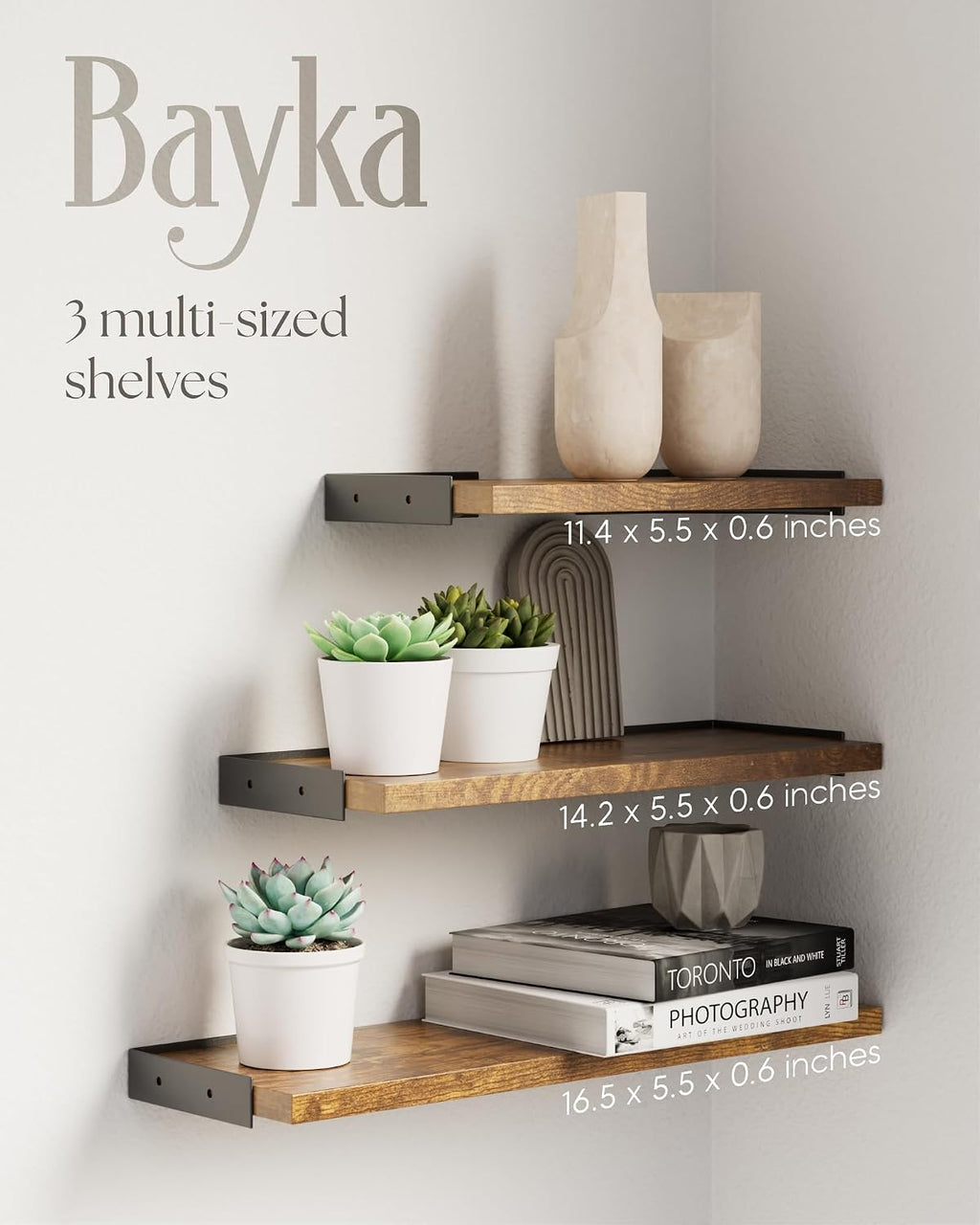 Bayka Wall Shelves for Bedroom Decor, Floating Wall Shelves for Living Room Kitchen Storage, Wall Mounted Rustic Wood Shelves for Kids Books, Small Shelf for Bathroom(Rustic Brown，Set of 3)