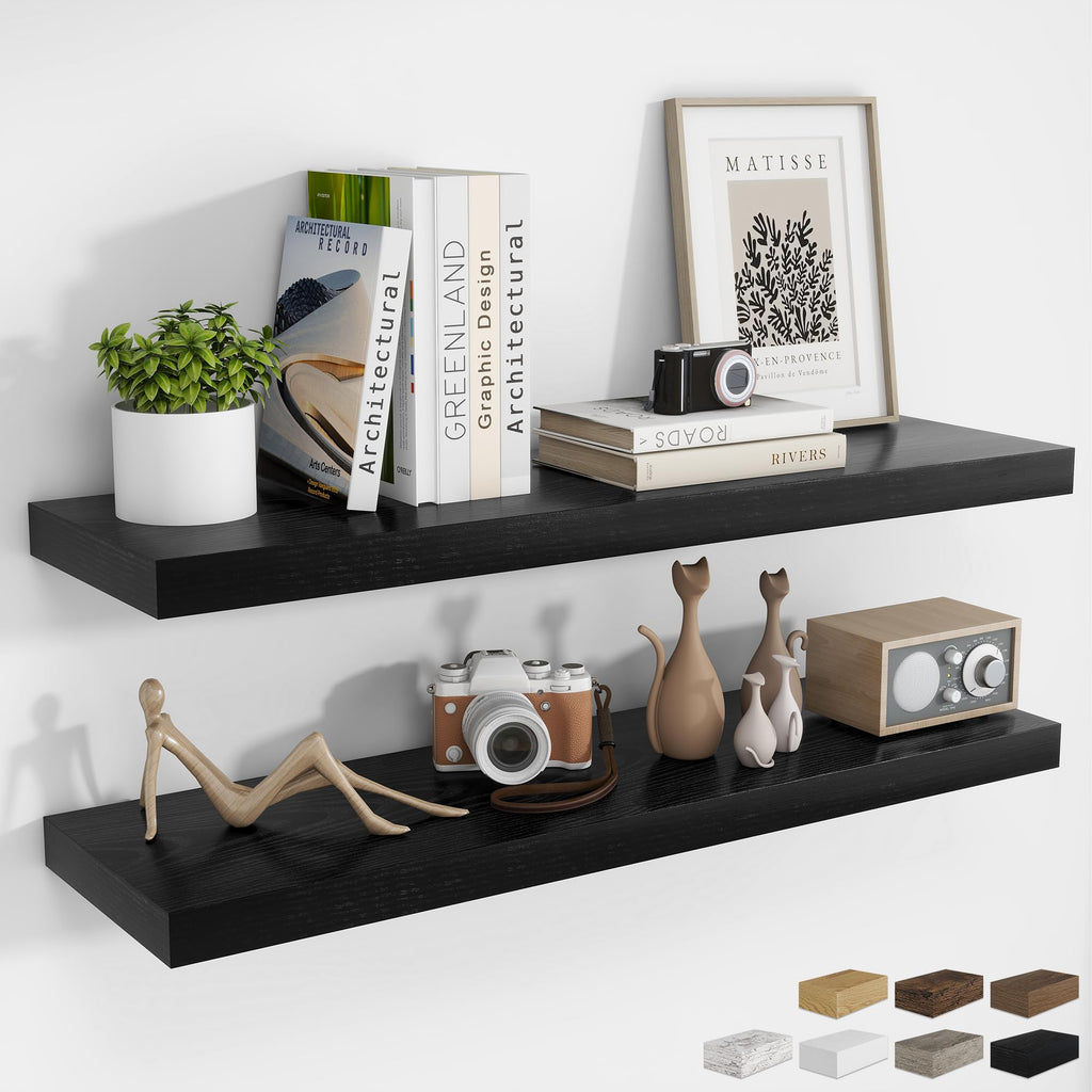 RICHFOCUS 28Inch Floating Shelves for Wall 2 Pack Shelves for Bedroom|Kitchen|Bathroom|Laundry Room Rustic Wood Wall Mounted Shelf with Invisible Brackets for Books|Storage|Decor, Oak