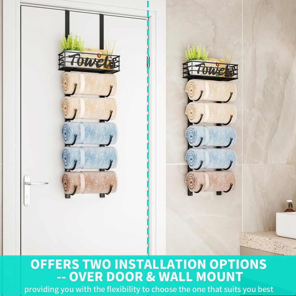 HapiRm Towel Racks for Bathroom Storage - 6 Tier Over The Door & Wall Mount Rolled Towel Storage Organizer Holder with Metal Shelf Basket for Small Bathroom, Camper, Rv - Black, Patented