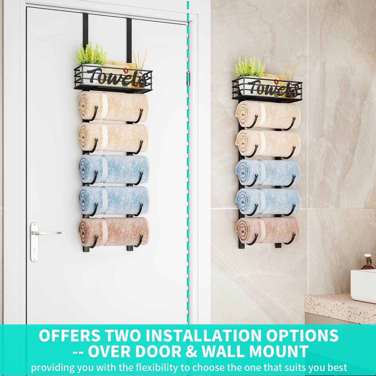 HapiRm Towel Racks for Bathroom Storage - 6 Tier Over The Door & Wall Mount Rolled Towel Storage Organizer Holder with Metal Shelf Basket for Small Bathroom, Camper, Rv - Black, Patented