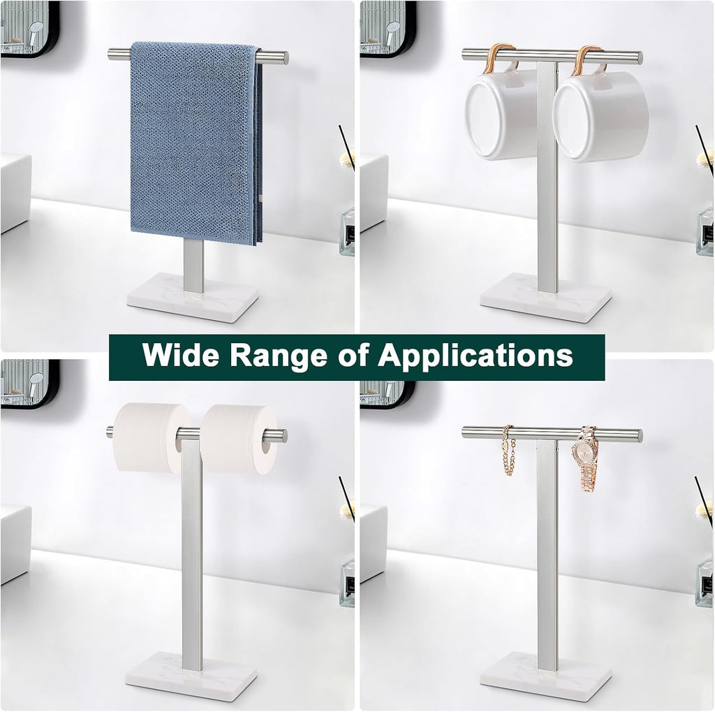 Hand Towel Holder, T-Shape Hand Towel Stand for Bathroom, Hand Towel Rack Bar Standing for Vanity Kitchen Countertop, 304 Stainless Steel (Marble Base, Brushed)