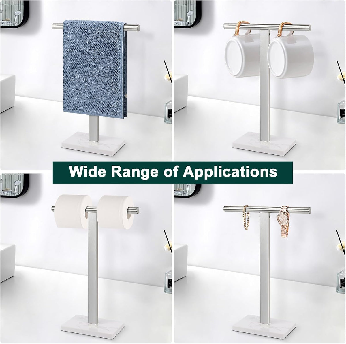 Hand Towel Holder, T-Shape Hand Towel Stand for Bathroom, Hand Towel Rack Bar Standing for Vanity Kitchen Countertop, 304 Stainless Steel (Marble Base, Brushed)