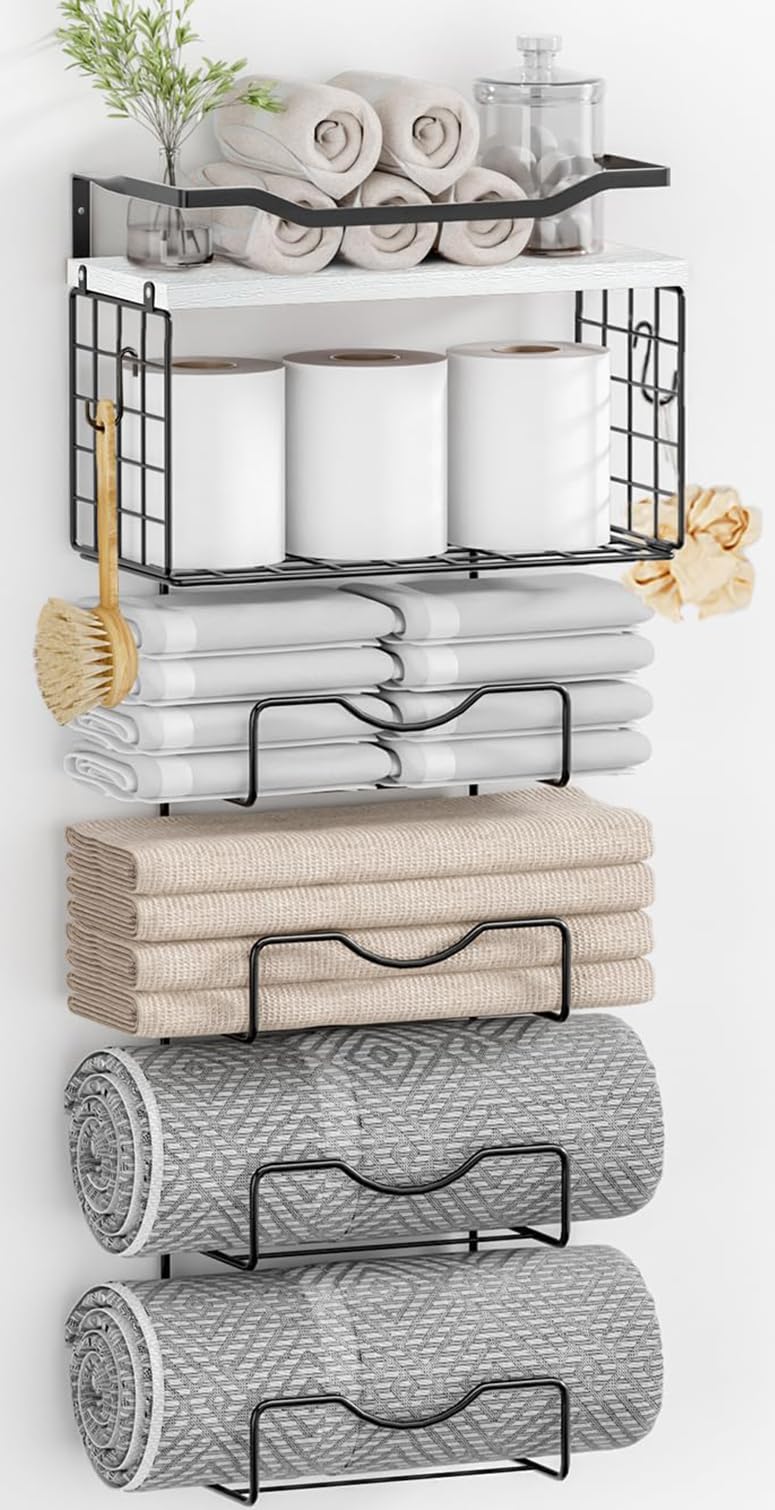 Towel Racks for Bathroom,Towel Rack Wall Mounted, 6 Tier Rolled Or Folded Towel Holder with Floating Shelves, Bathroom Towel Holder for Bath, Hand Towels,Metal and Wood
