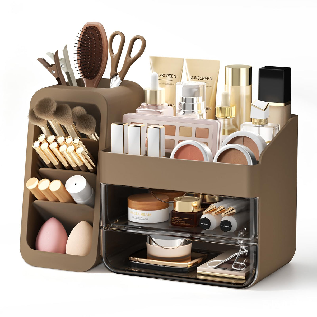 Countertop Makeup Skincare Organizer with Adjustable Brush Holder, Taupe